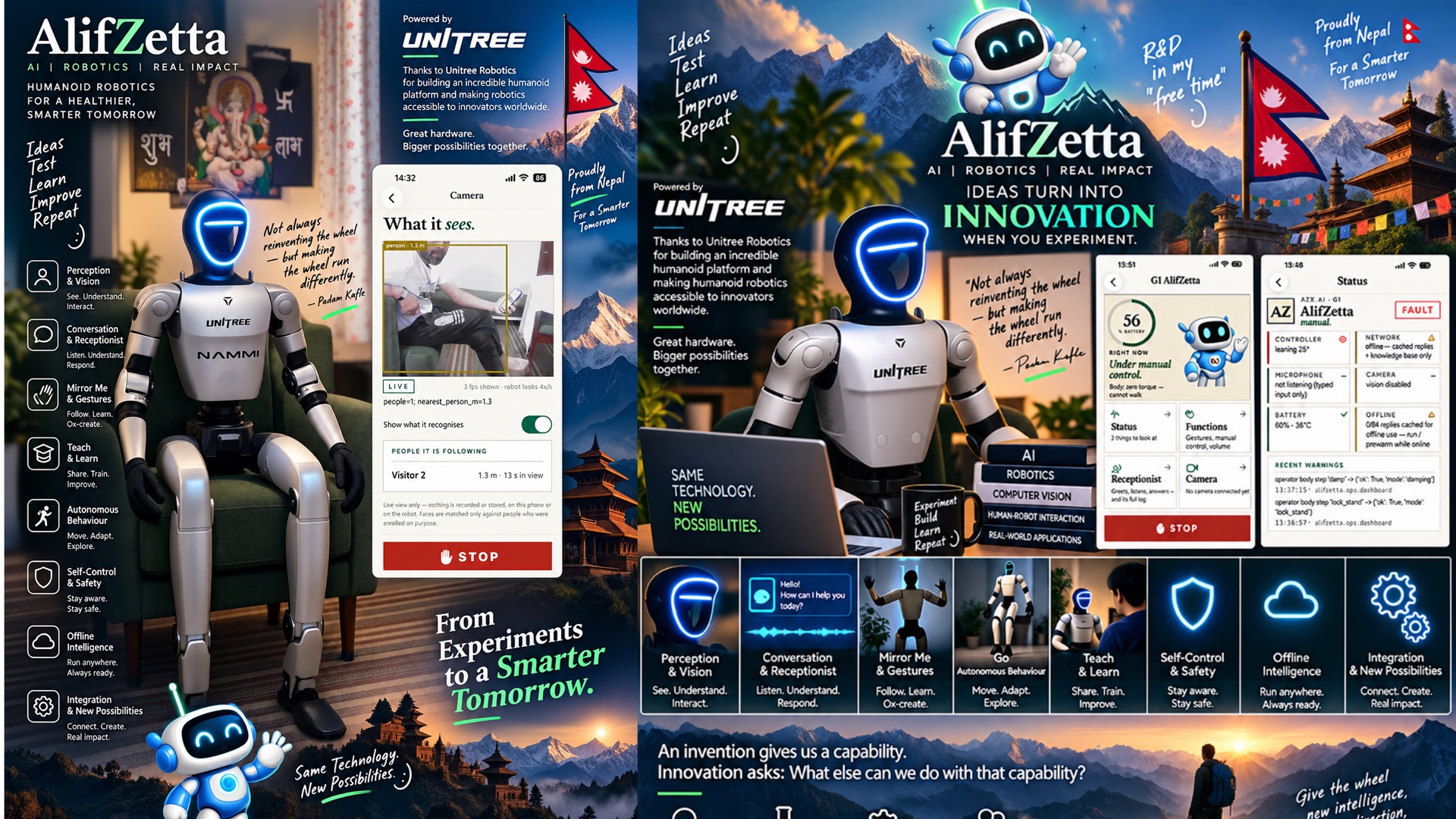 AlifZetta Robotics — hero composite: humanoid, capabilities, R&D philosophy