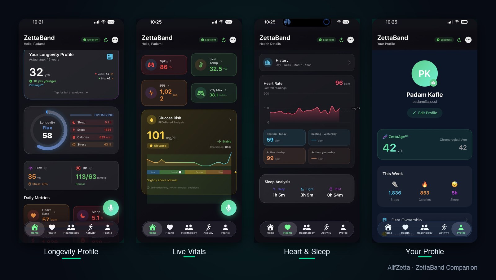 ZettaBand companion app: Longevity Profile, Live Vitals, Heart and Sleep, Your Profile